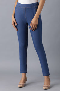 Blue Solid Skinny Fit Cotton Jeggings With Back Pockets