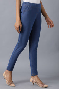 Blue Solid Skinny Fit Cotton Jeggings With Back Pockets