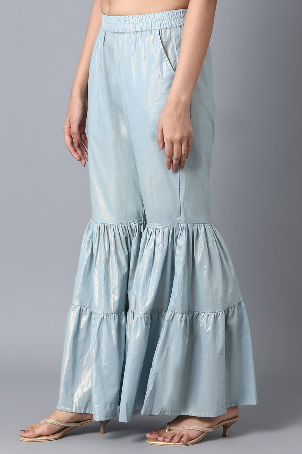 Light Blue Textured Flared Cotton Palazzo With Elasticated Waist