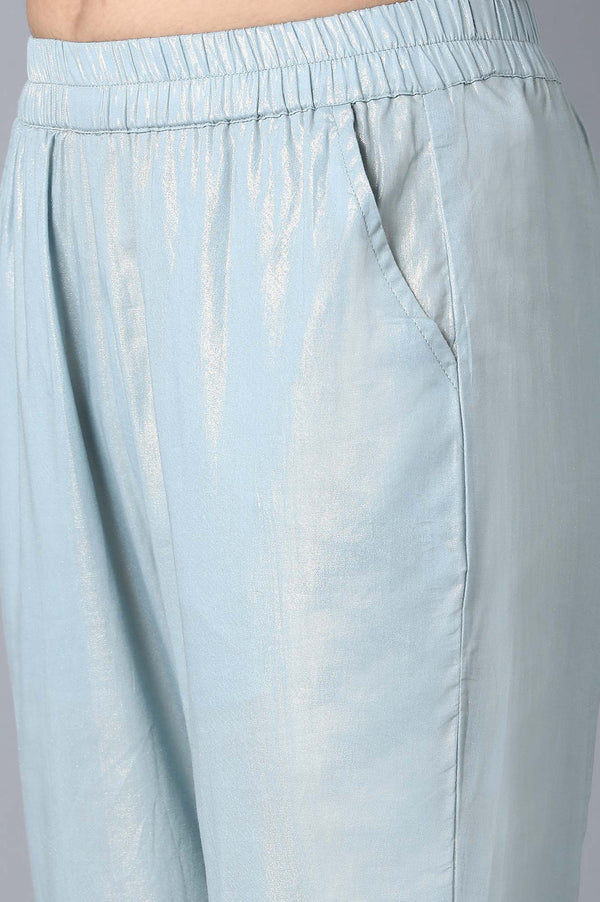 Light Blue Textured Flared Cotton Palazzo With Elasticated Waist