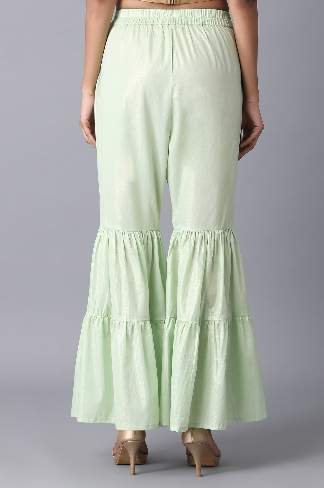 Light Green Textured Flared Cotton Palazzo With Elasticated Waistband