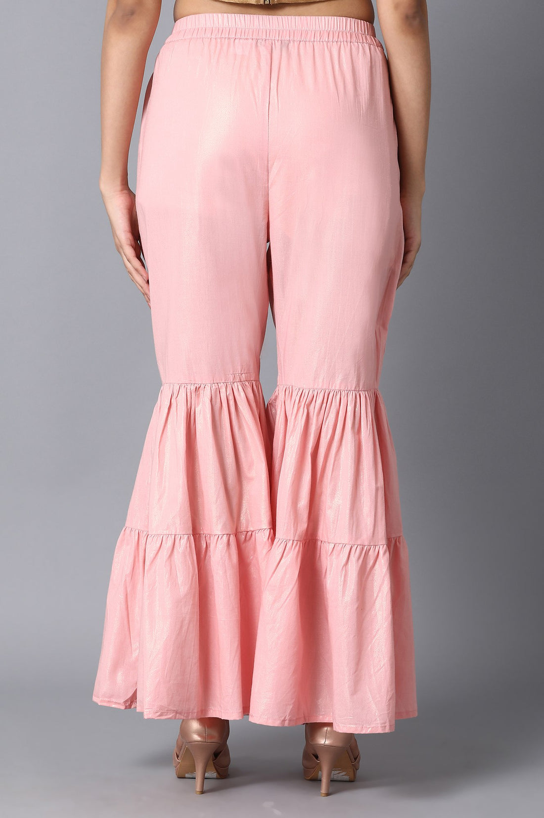 Light Pink Textured Flared Cotton Palazzo With Elasticated Waistband