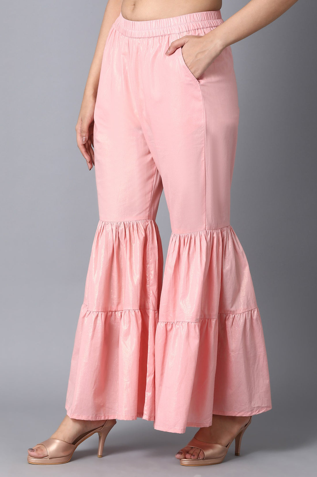 Light Pink Textured Flared Cotton Palazzo With Elasticated Waistband