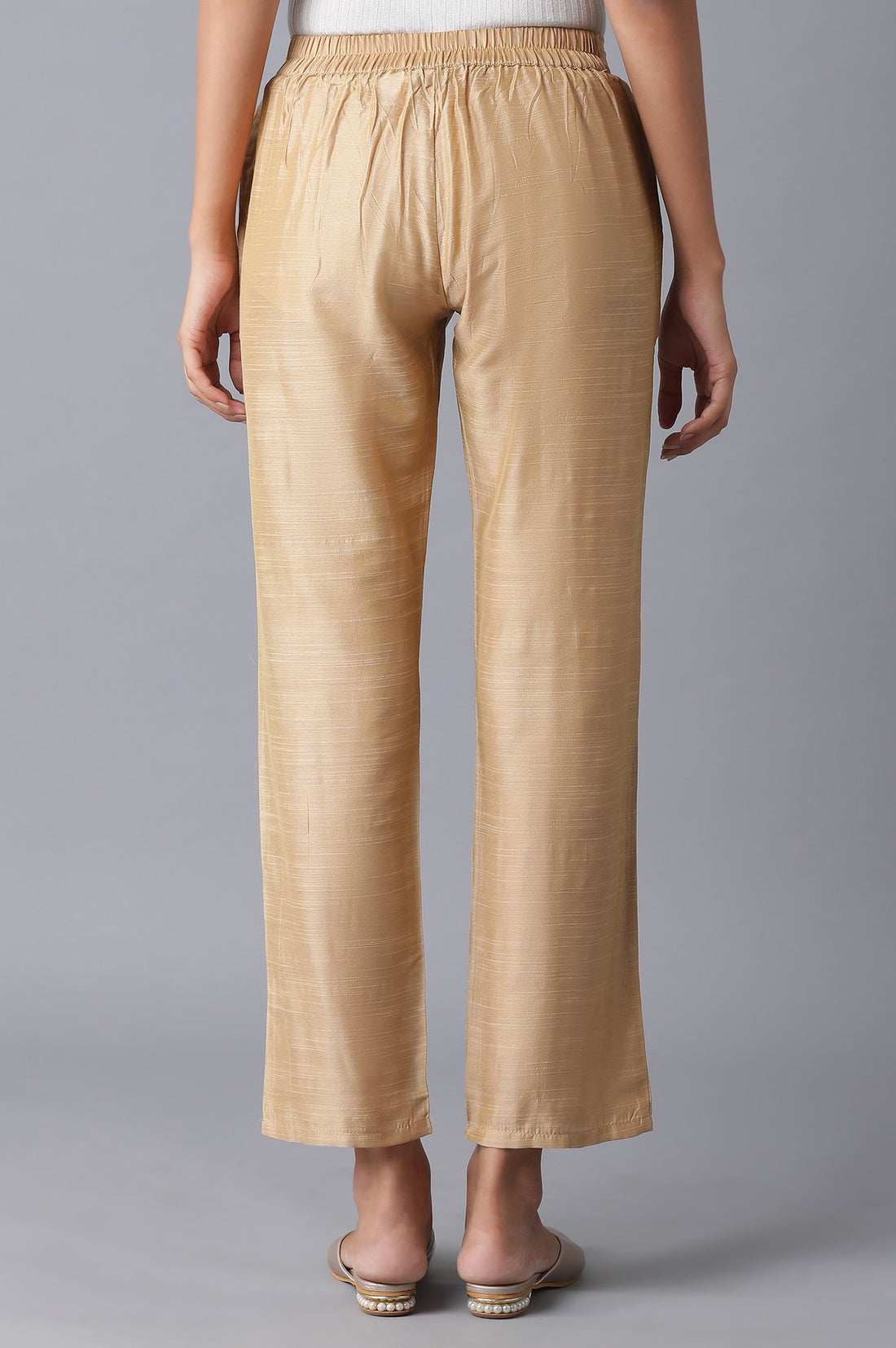 Gold Solid Parallel Fit Pants With Elasticated Waist