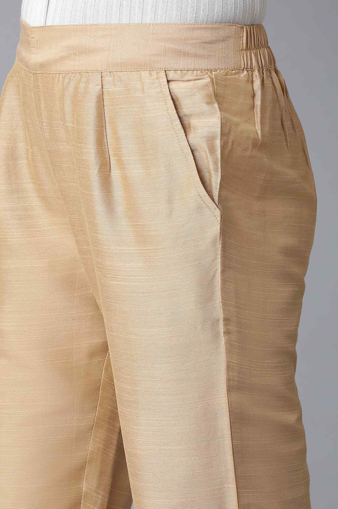 Gold Solid Parallel Fit Pants With Elasticated Waist