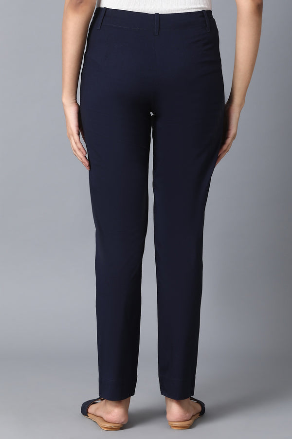 Navy Blue Solid Slim Fit Cotton Pants With Front Zip Closure