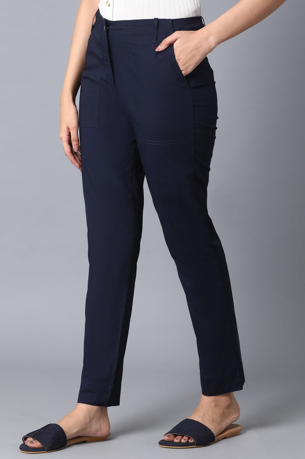 Navy Blue Solid Slim Fit Cotton Pants With Front Zip Closure