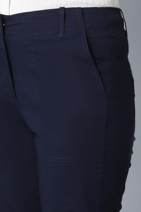 Navy Blue Solid Slim Fit Cotton Pants With Front Zip Closure