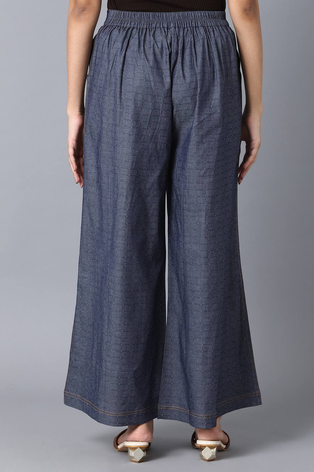 Blue Checkered Flared Cotton Palazzo With Elasticated Waist