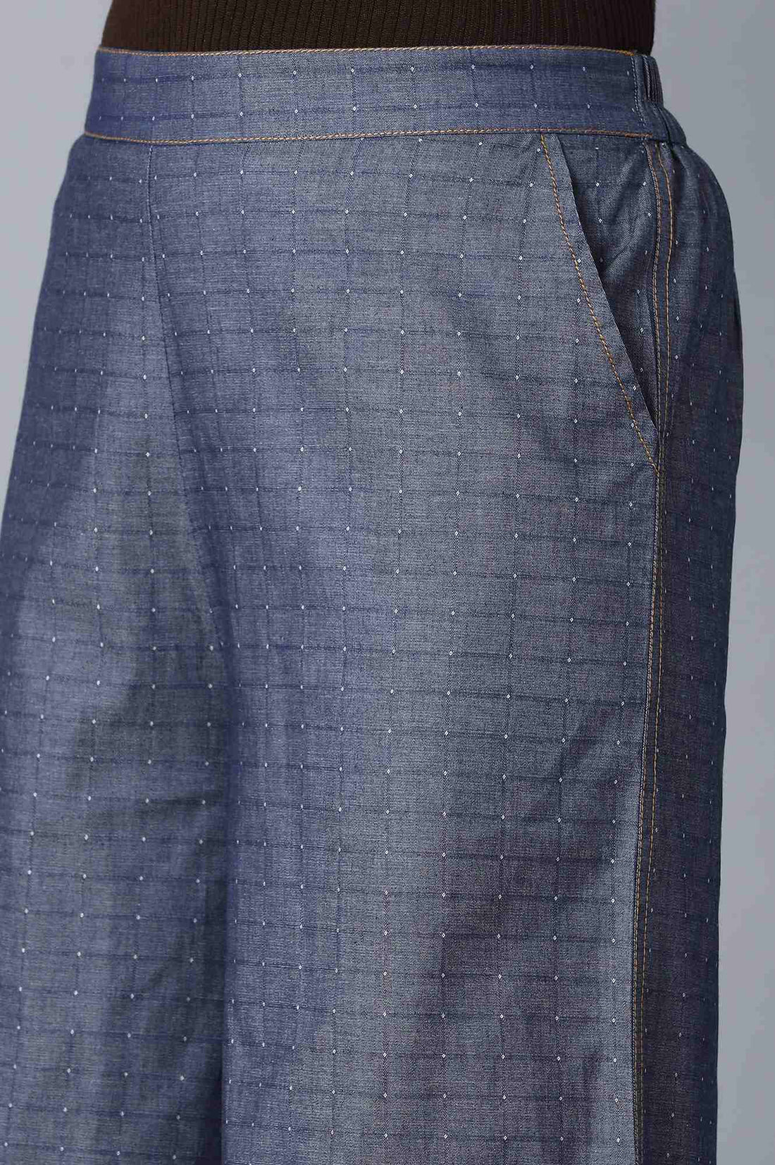 Blue Checkered Flared Cotton Palazzo With Elasticated Waist