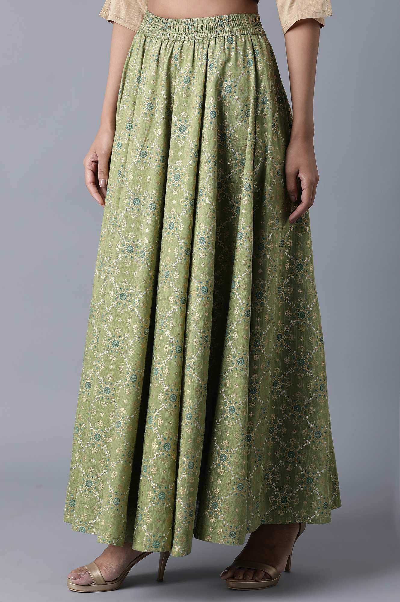 Spinach Green Floral Print Skirt