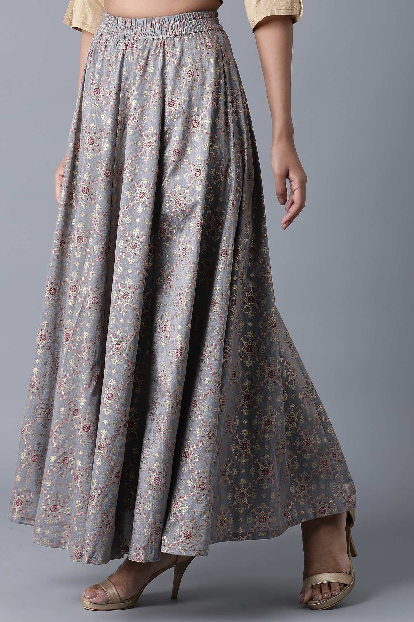 Grey Floral Print Skirt