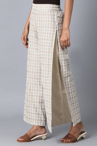 Beige Floral Printed Flared Cotton Palazzo With Elasticated Waist