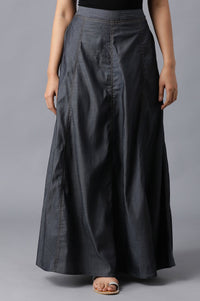 Black Solid Flared Denim Skirt With Side Pockets