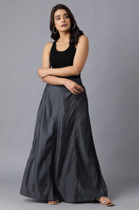 Black Solid Flared Denim Skirt With Side Pockets