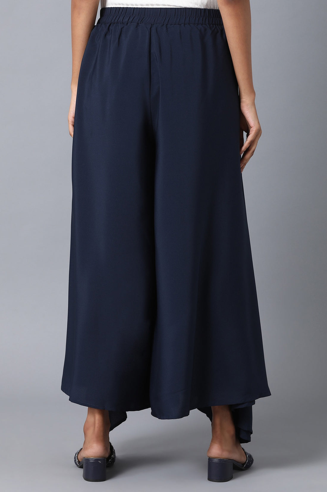 Navy Blue Solid Flared Woven Palazzo With Elasticated Waist