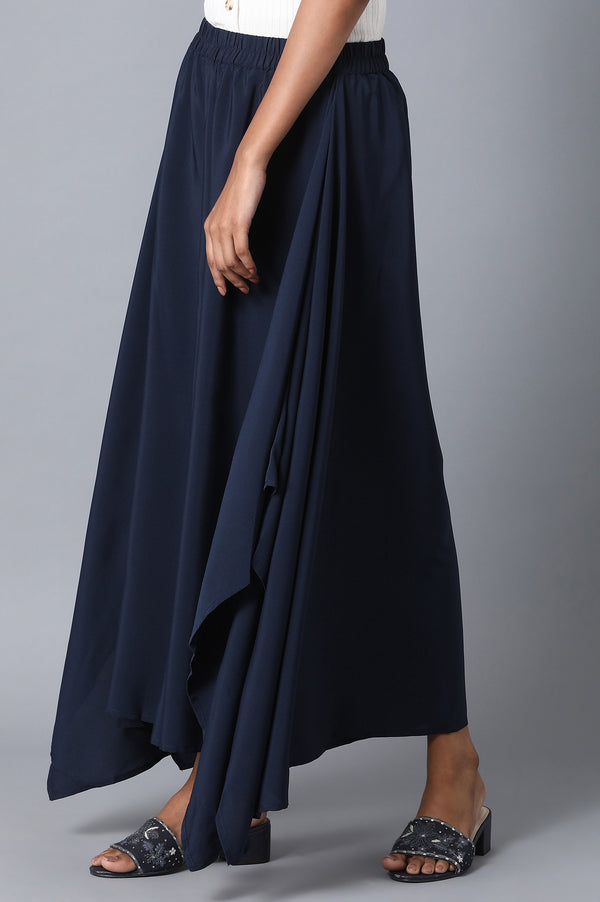 Navy Blue Solid Flared Woven Palazzo With Elasticated Waist