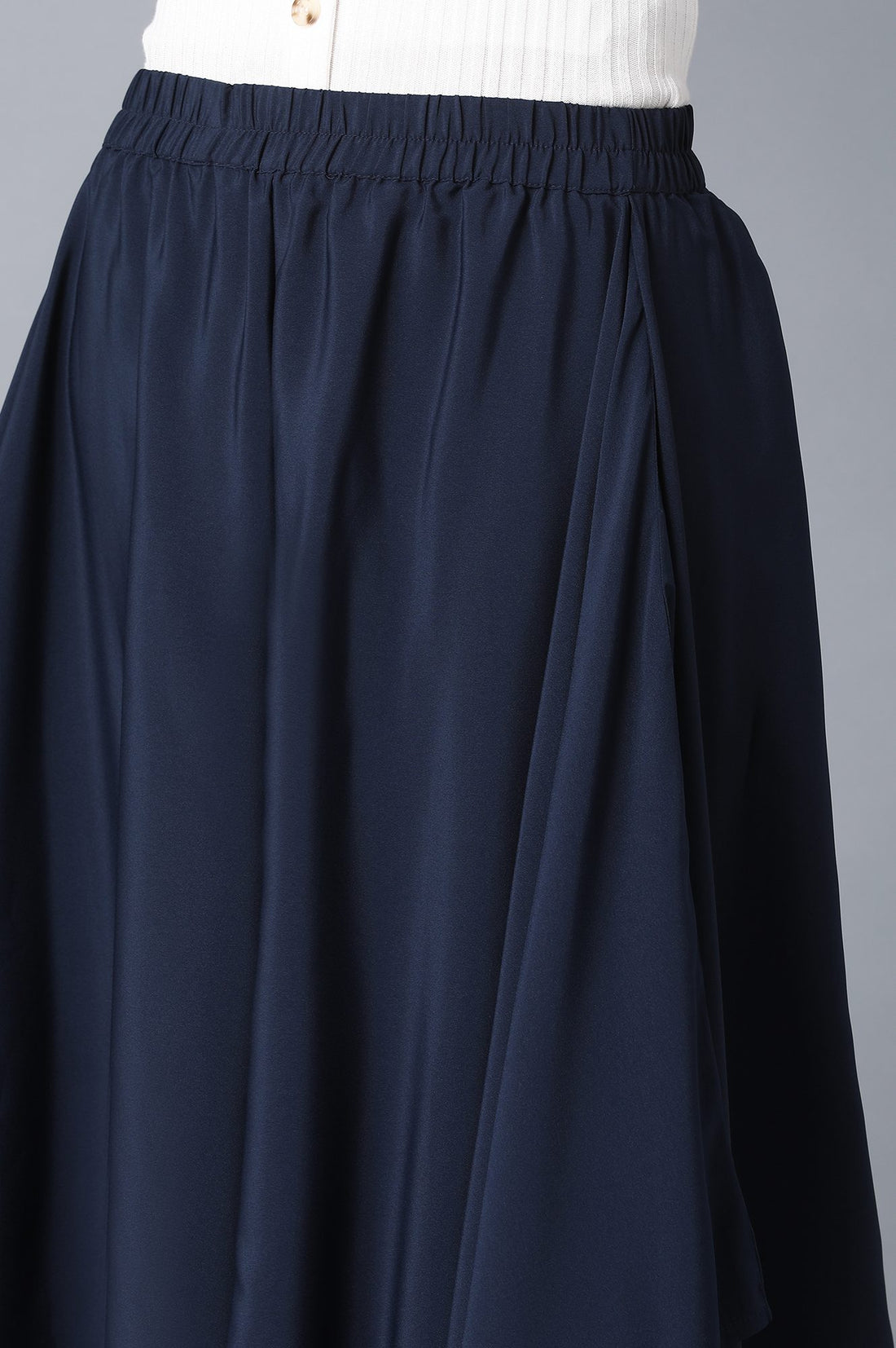 Navy Blue Solid Flared Woven Palazzo With Elasticated Waist