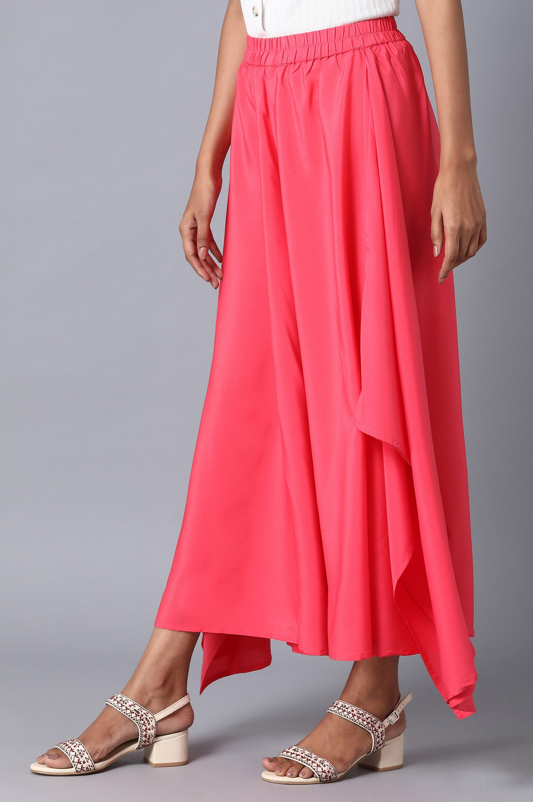 Pink Solid Flared Woven Palazzo With Elasticated Waistband