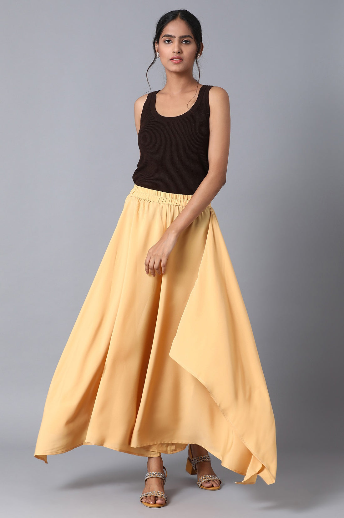 Gold Solid Flared Woven Palazzo With Elasticated Waist