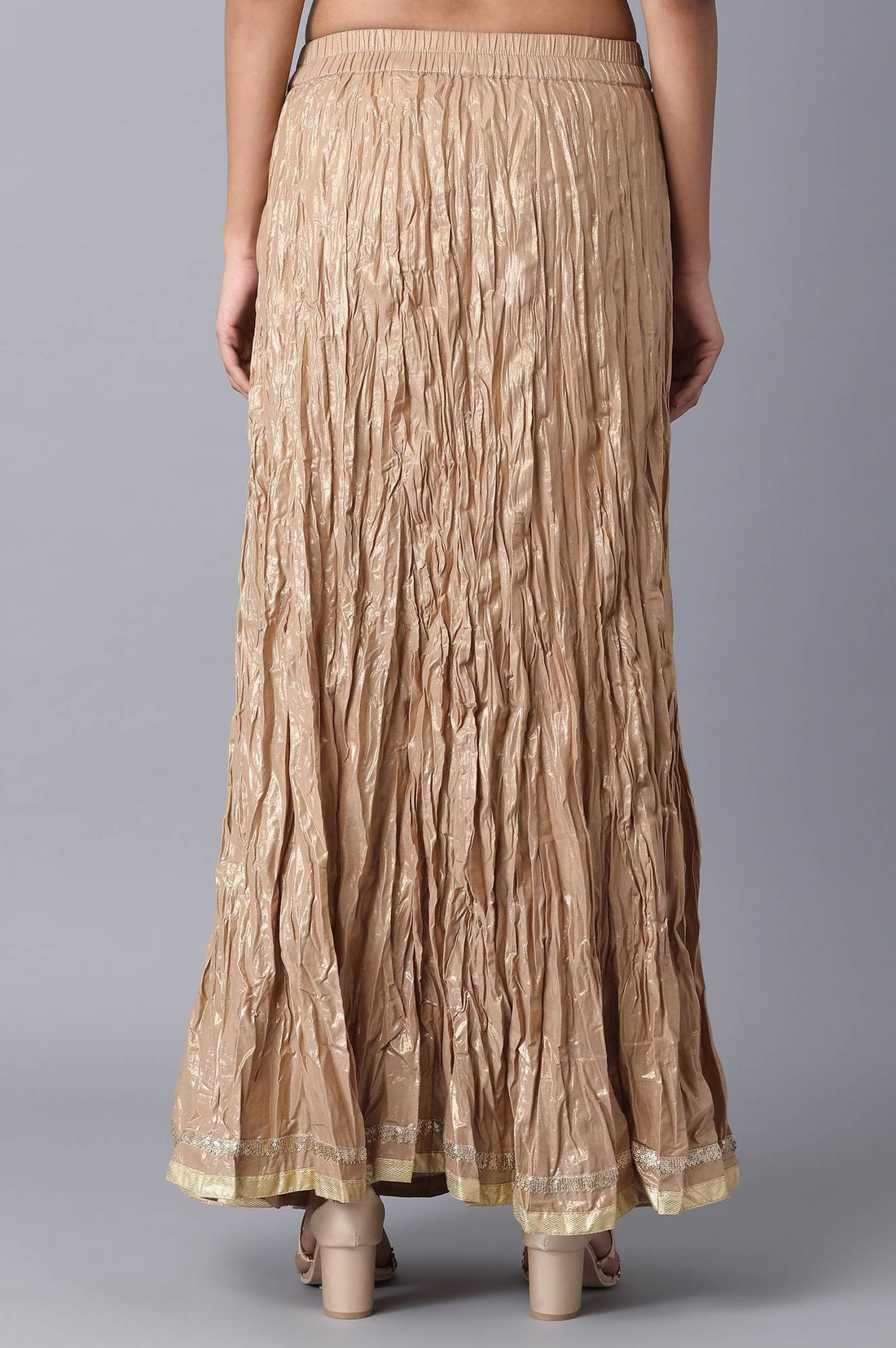 Gold Crinkled Flared Cotton Skirt With Elasticated Waist