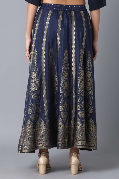 Navy Blue Printed Flared Skirt