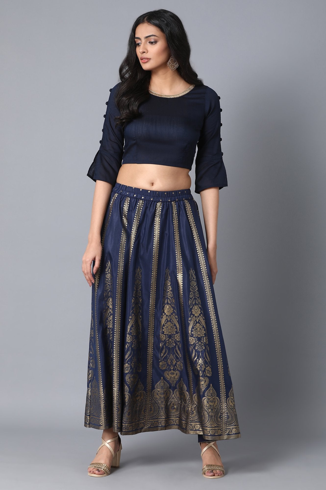 Navy Blue Printed Flared Skirt