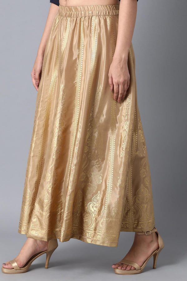 Gold Printed Flared Silk Skirt With Elasticated Waist