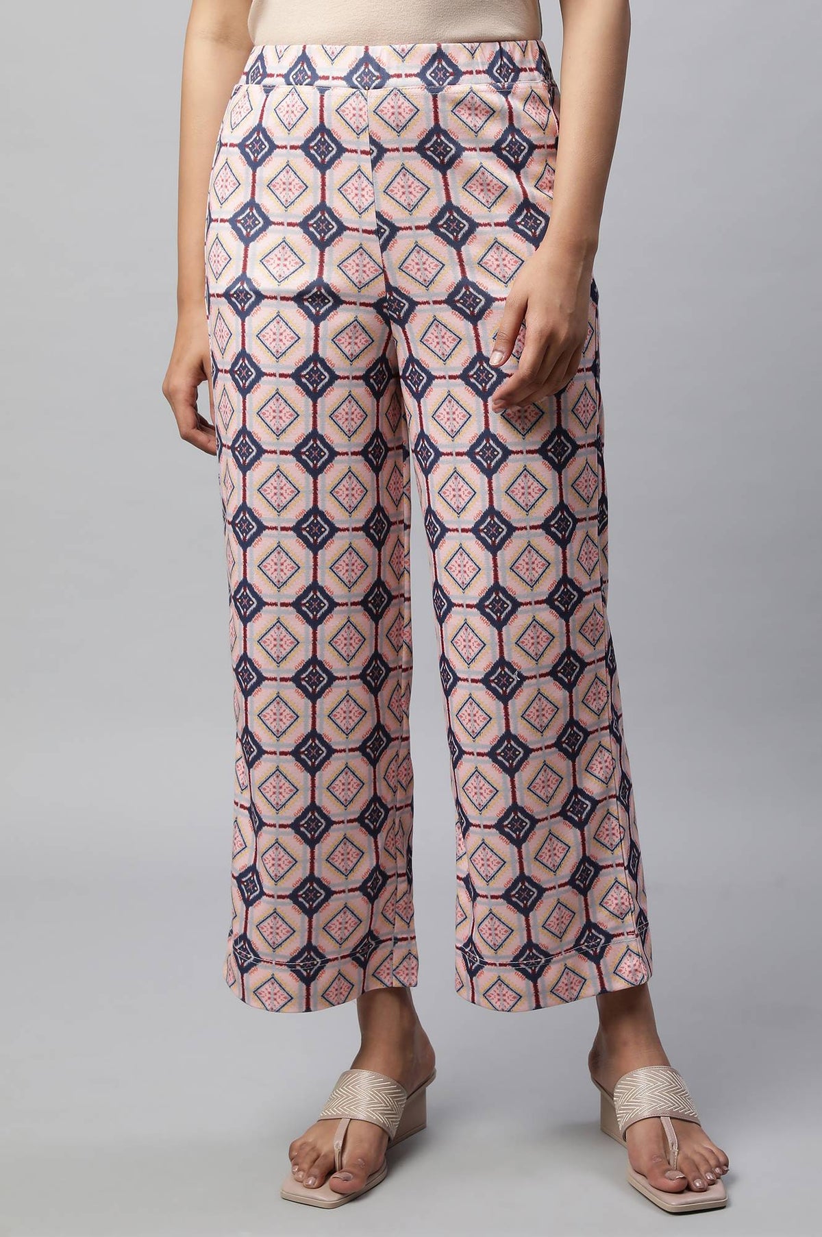 Elleven Women's Pink Geometric Printed Straight Fit Palazzo With Elasticated Waist - XS