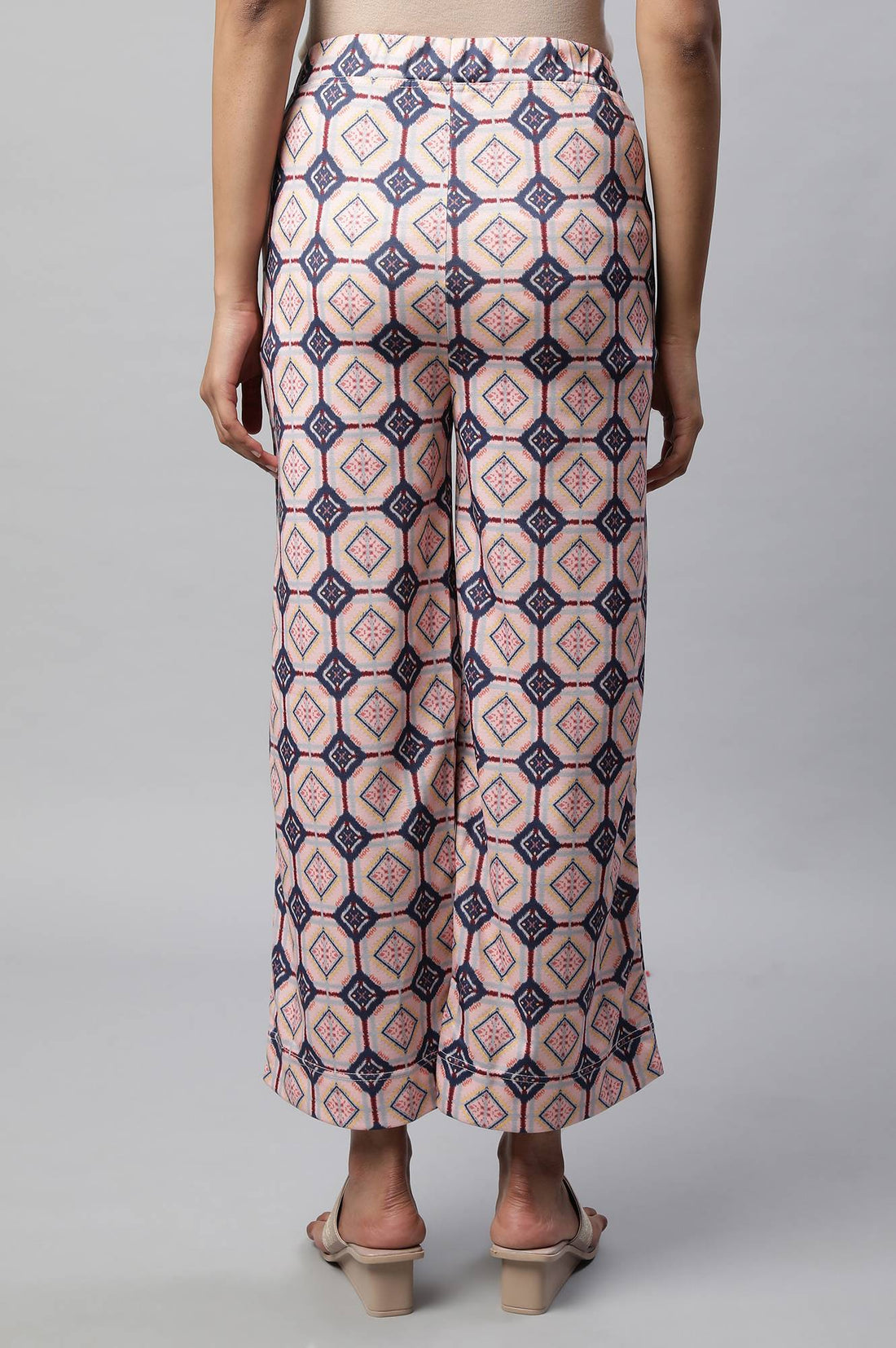 Pink Geometric Printed Straight Fit Palazzo With Elasticated Waist