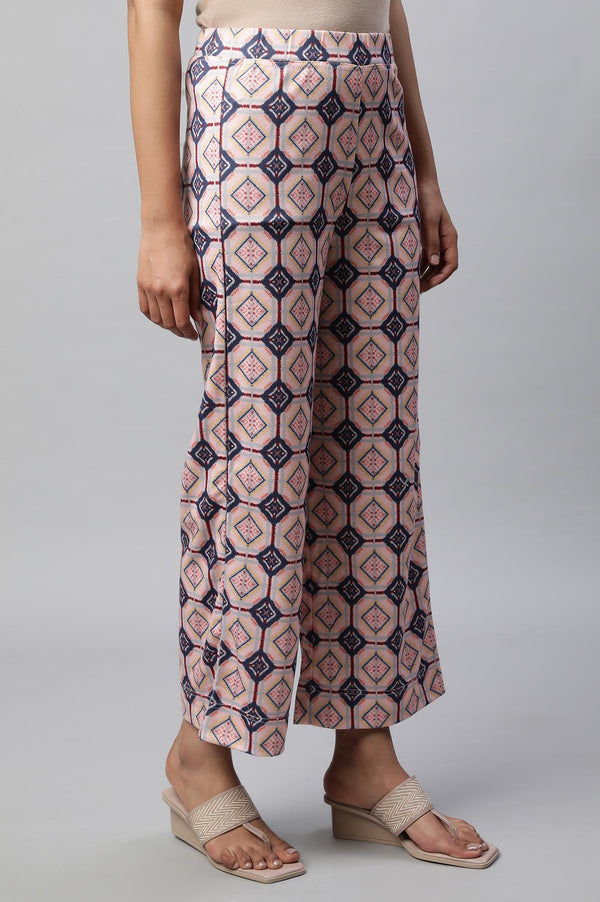 Pink Geometric Printed Straight Fit Palazzo With Elasticated Waist