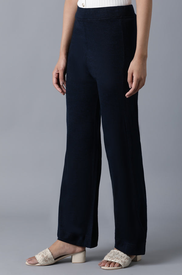 Navy Blue Solid Straight Fit Palazzo With Elasticated Waist