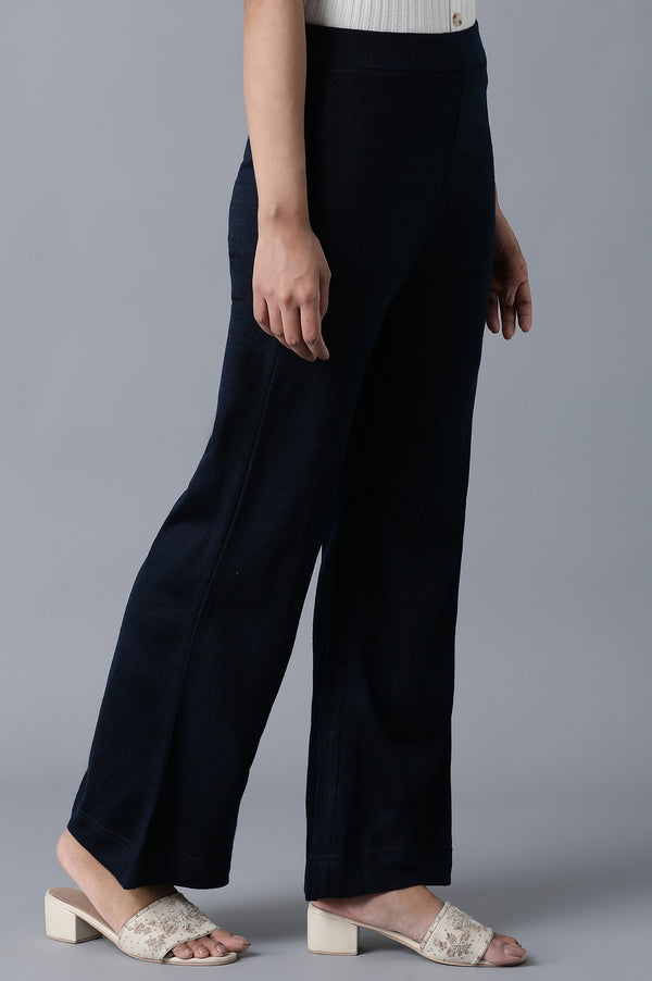 Navy Blue Solid Straight Fit Palazzo With Elasticated Waist