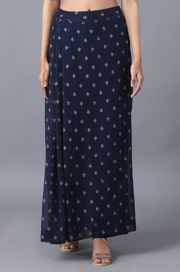 Navy Blue Floral Printed A Line Woven Palazzo With Side Zip