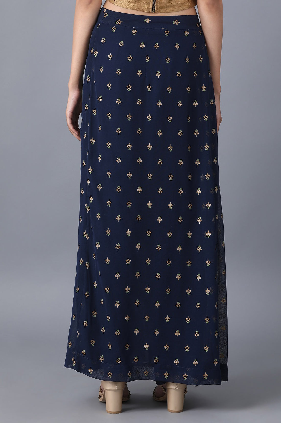 Navy Blue Floral Printed A Line Woven Palazzo With Side Zip