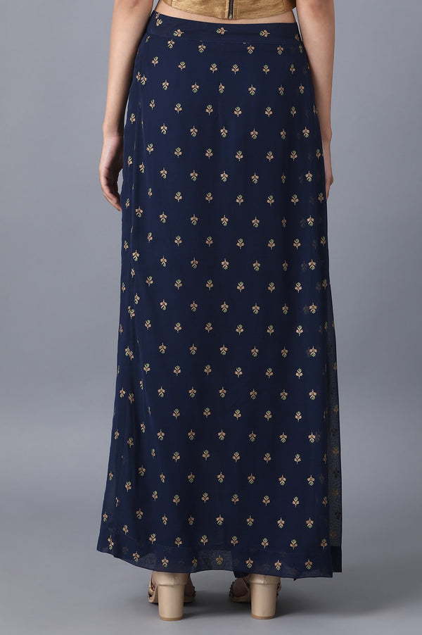 Navy Blue Floral Printed A Line Woven Palazzo With Side Zip