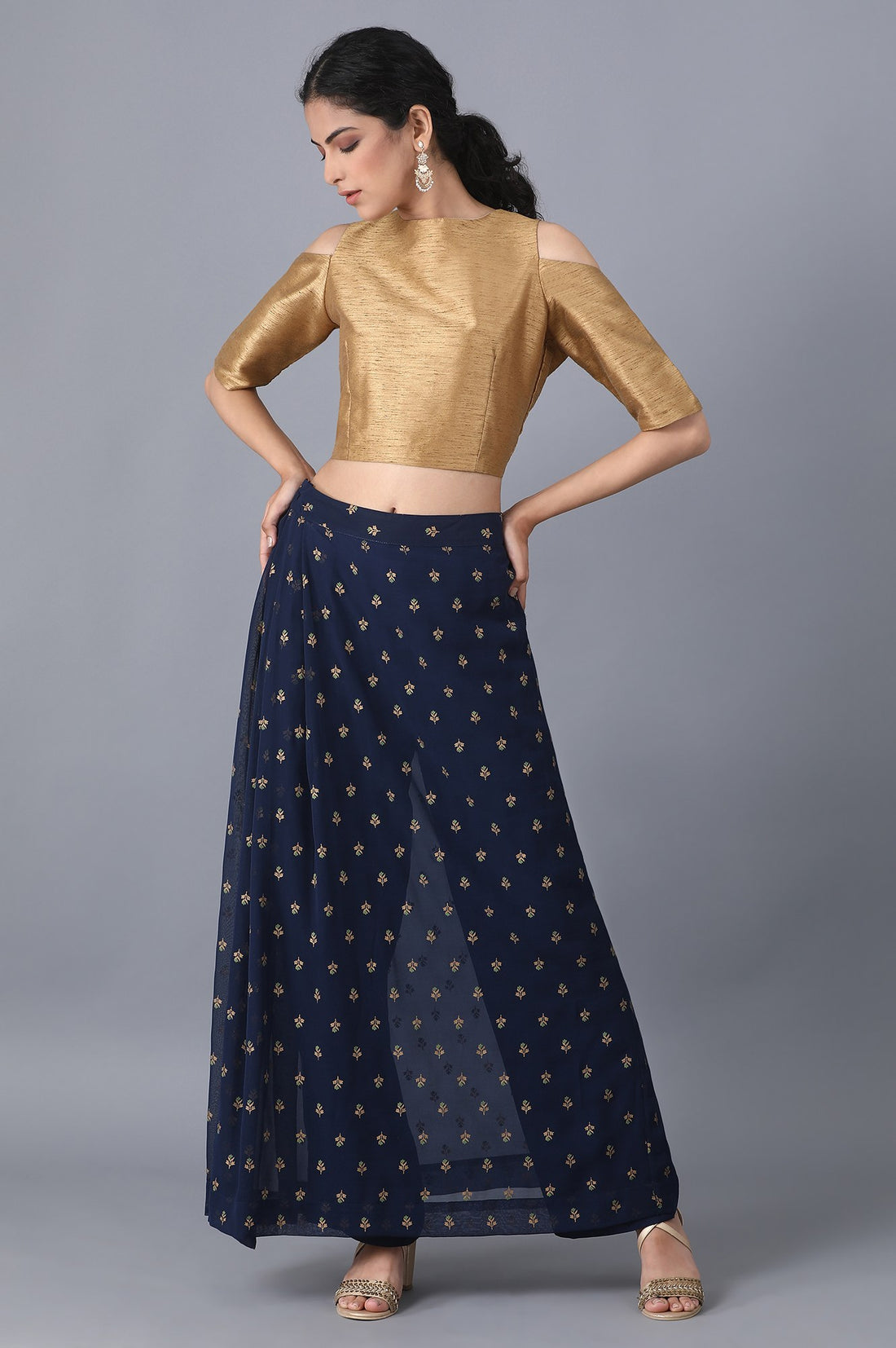 Navy Blue Floral Printed A Line Woven Palazzo With Side Zip