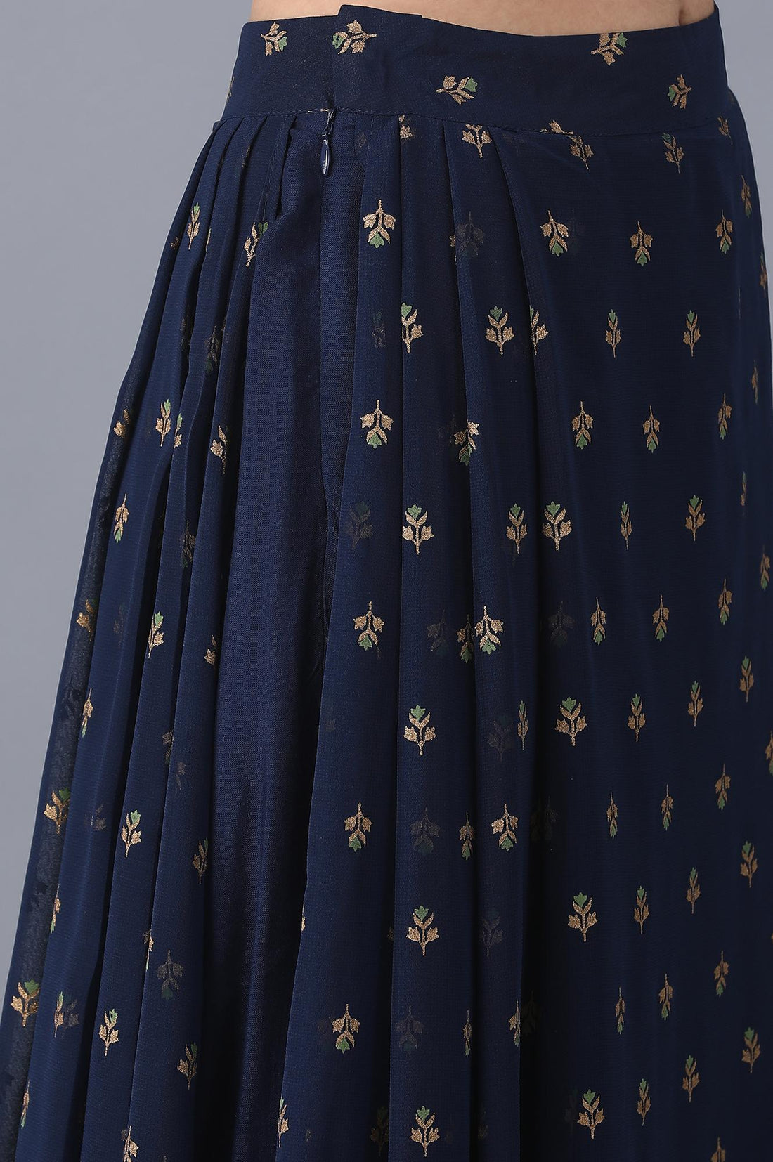 Navy Blue Floral Printed A Line Woven Palazzo With Side Zip