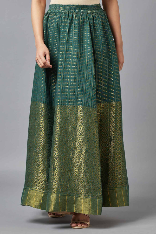 Green Dobby Printed Flared Silk Skirt With Elasticated Waist