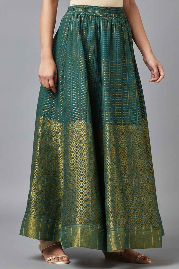 Green Dobby Printed Flared Silk Skirt With Elasticated Waist