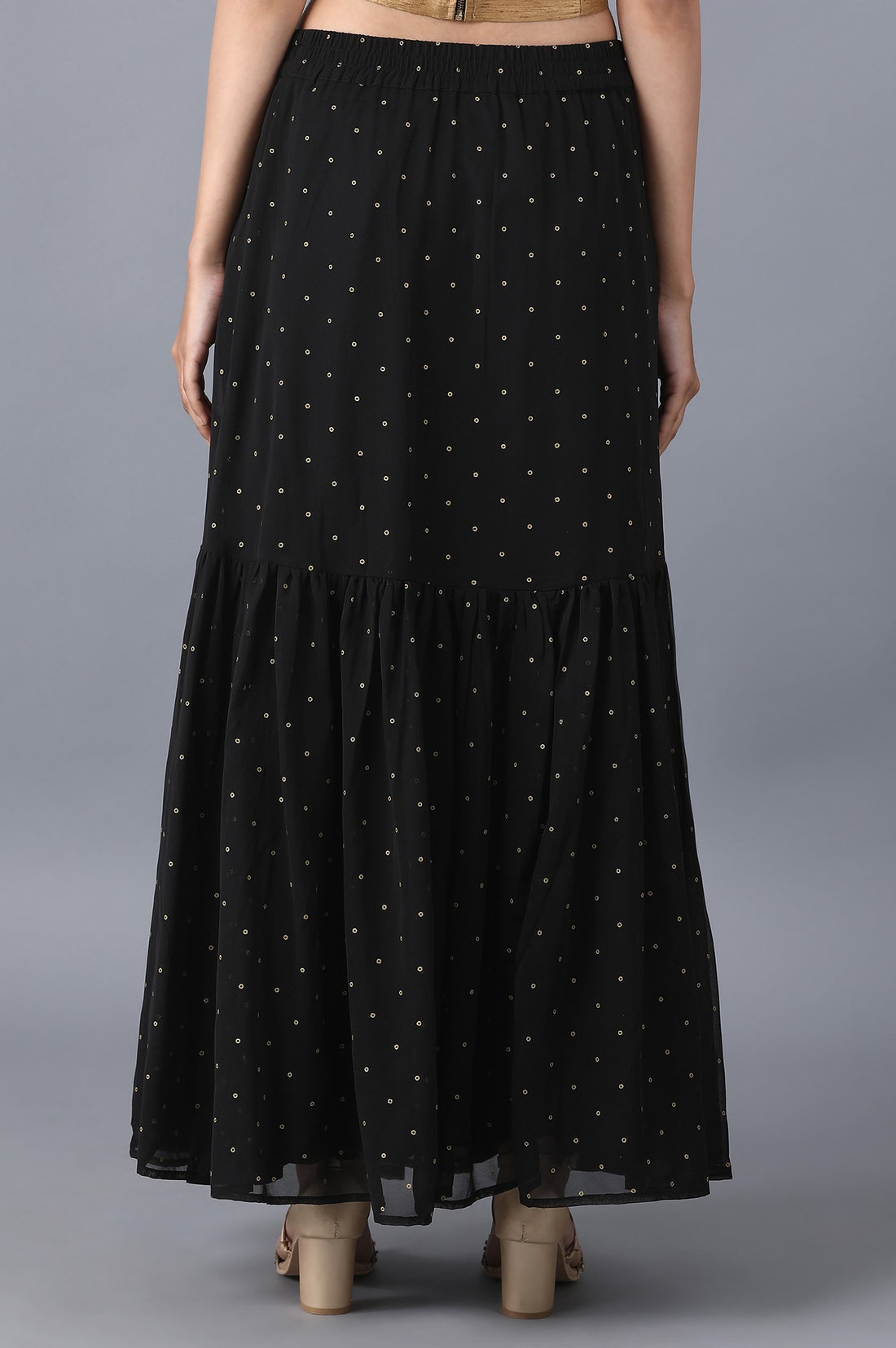 Black Dot Printed Flared Woven Skirt With Elasticated Waist