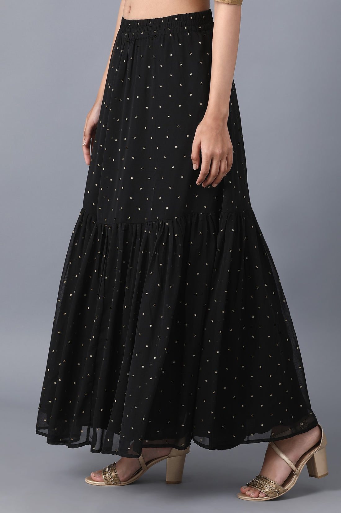 Black Dot Printed Flared Woven Skirt With Elasticated Waist