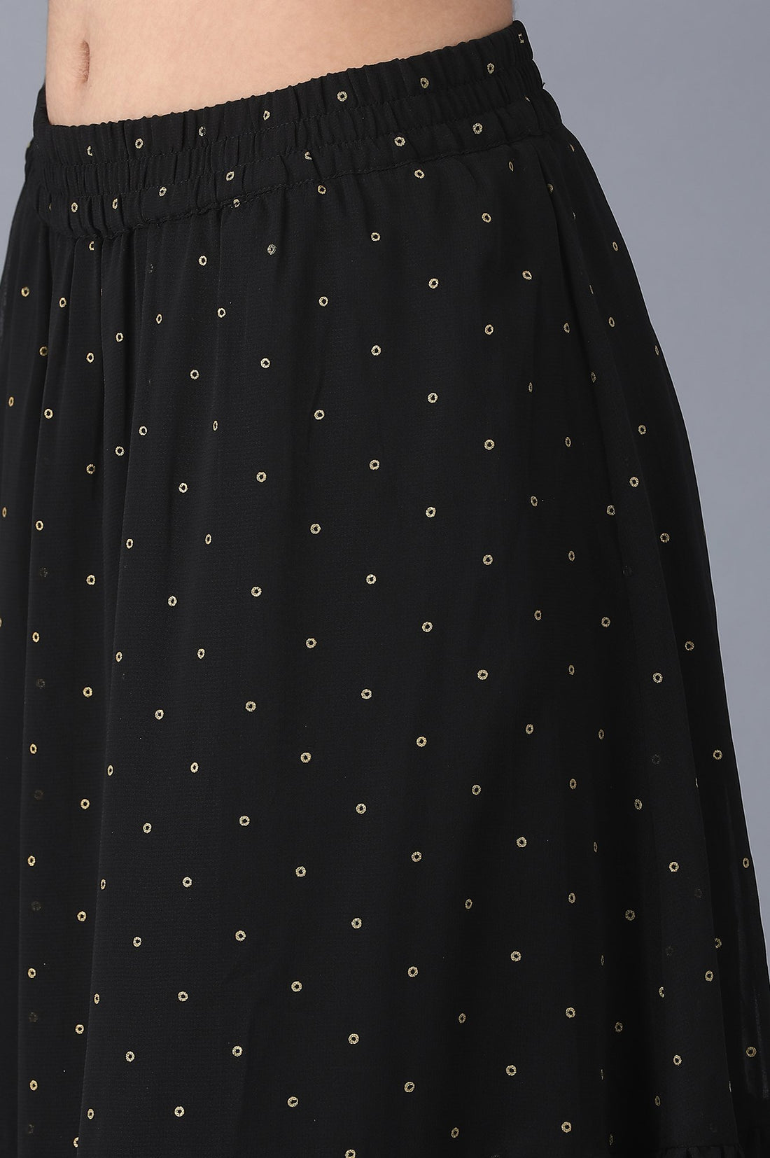 Black Dot Printed Flared Woven Skirt With Elasticated Waist