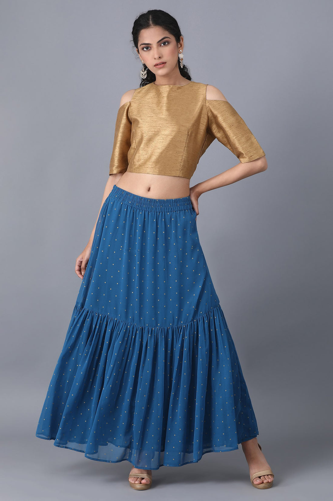 Blue Dot Printed Flared Woven Skirt With Elasticated Waist