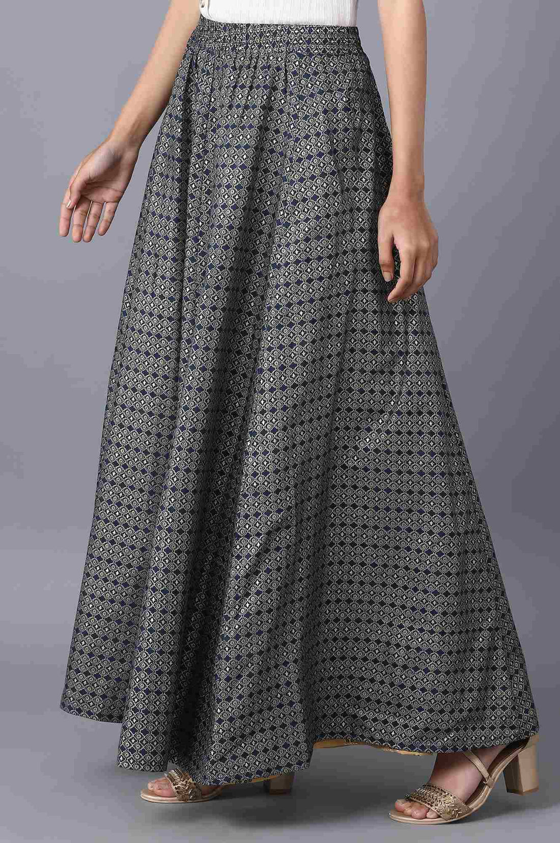 Navy Blue Floral Printed Flared Woven Skirt With Elasticated Waist