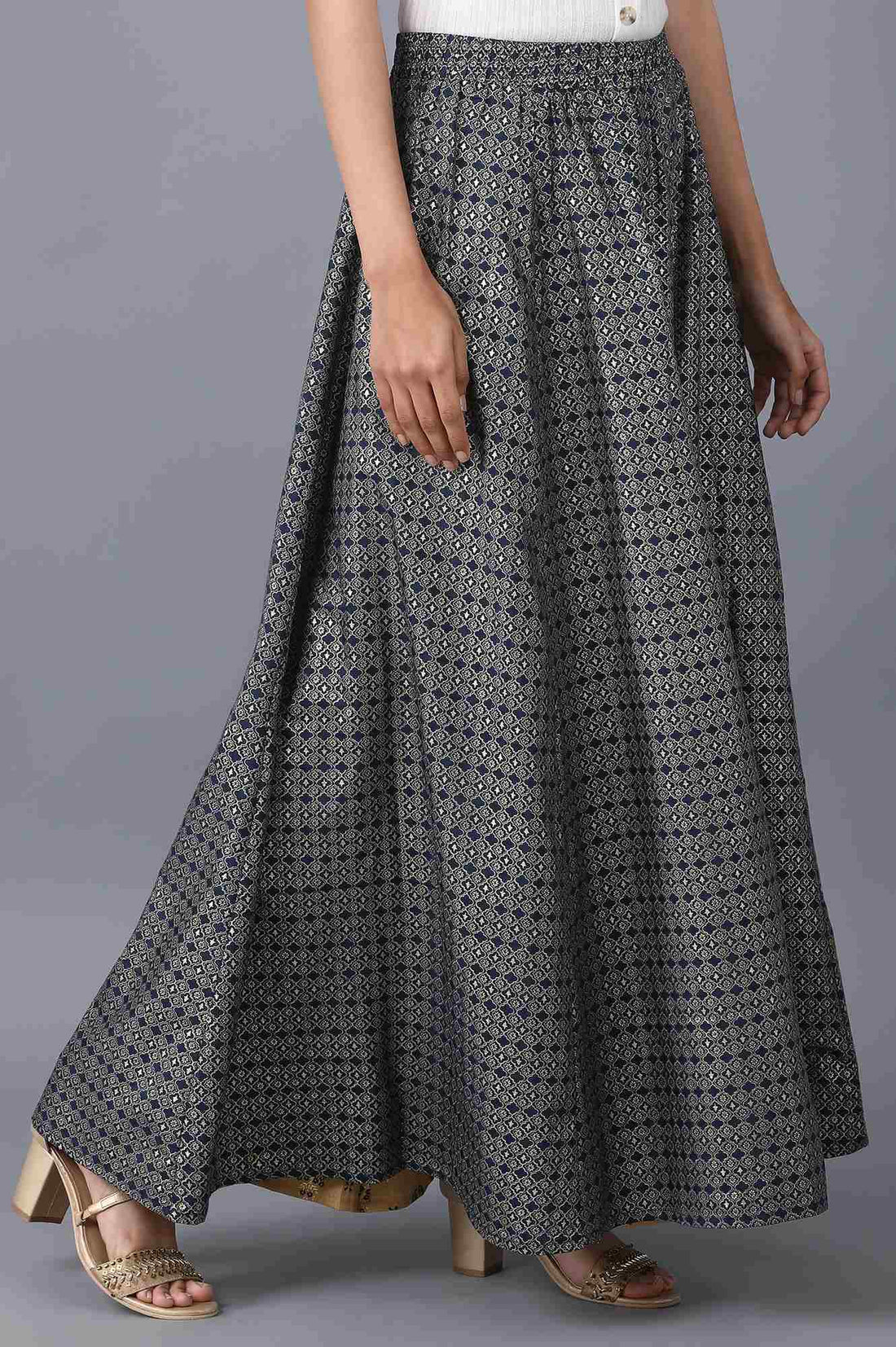 Navy Blue Floral Printed Flared Woven Skirt With Elasticated Waist