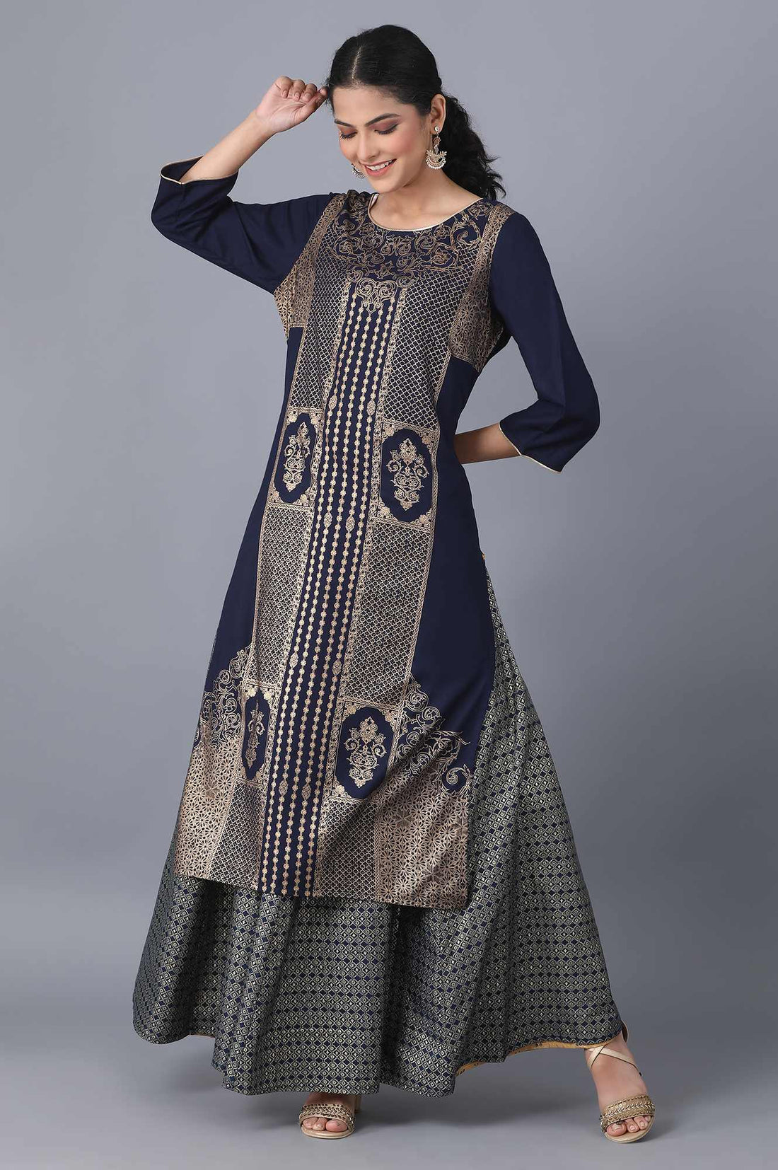 Navy Blue Floral Printed Flared Woven Skirt With Elasticated Waist