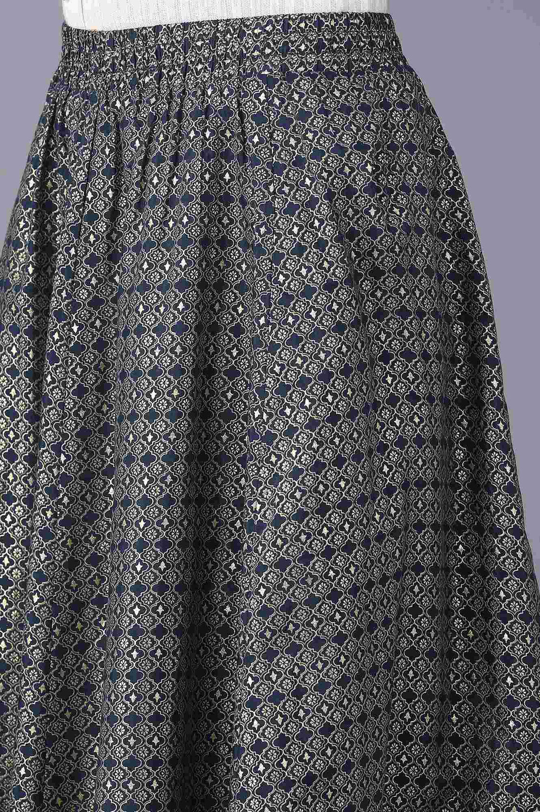 Navy Blue Floral Printed Flared Woven Skirt With Elasticated Waist