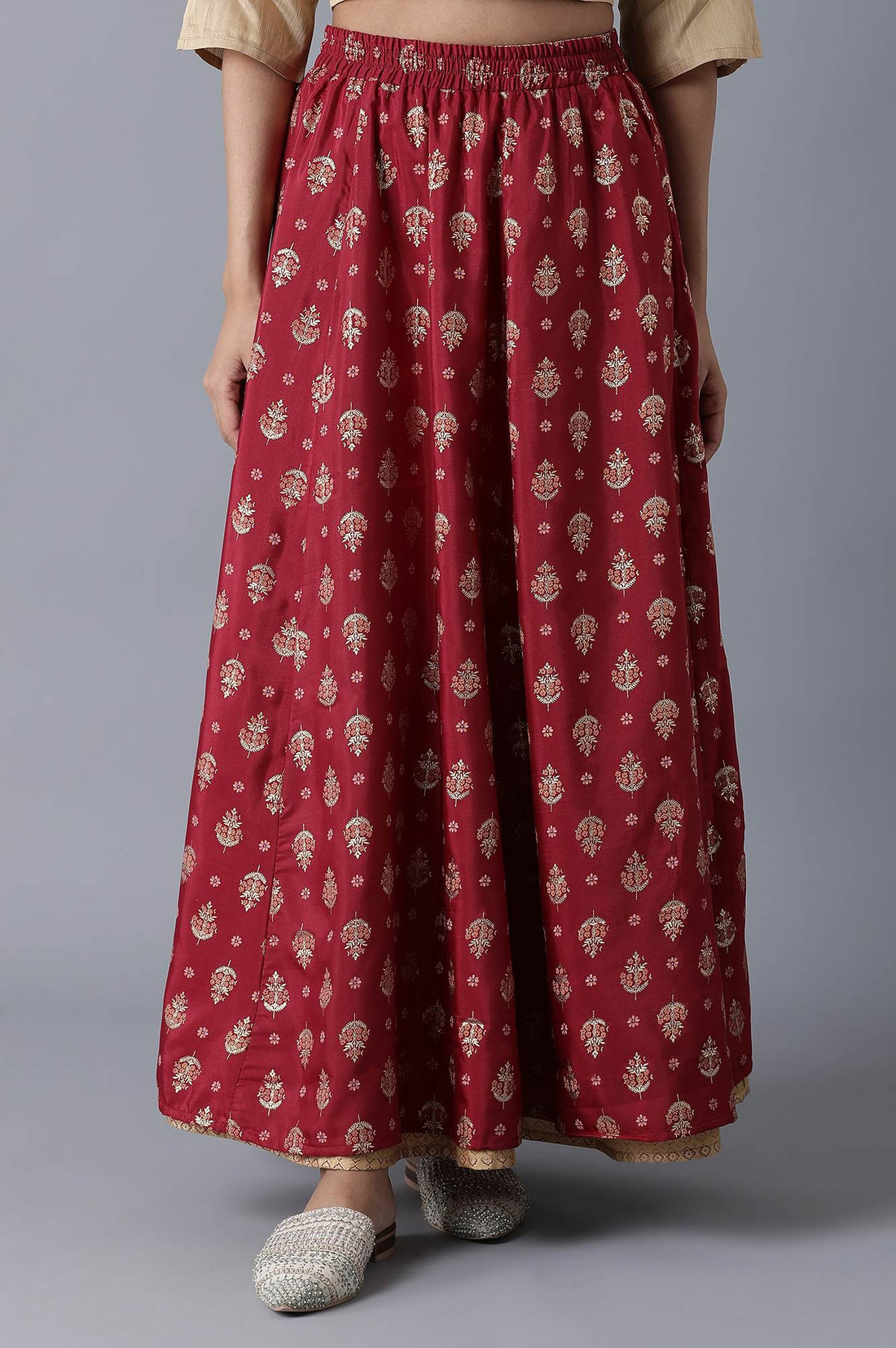 Red Floral Printed Flared Woven Skirt With Elasticated Waist
