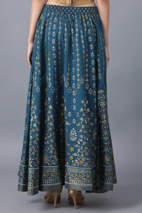 Blue Floral Printed Flared Skirt With Elasticated Waist